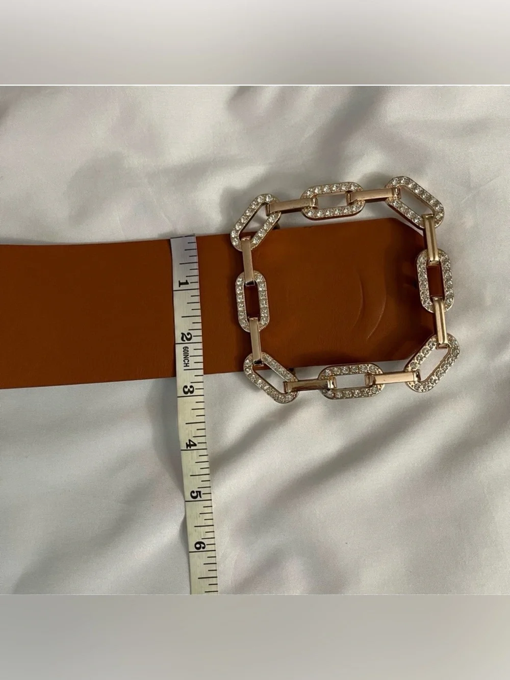 Plus size brown PU leather square gold tone buckle with rhinestones wide belt